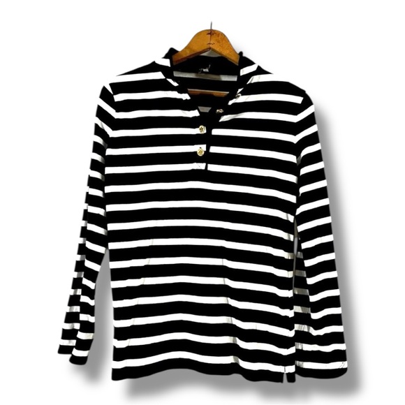 ANN KLEIN black white stripe long sleeve top S - Picture 9 of 10